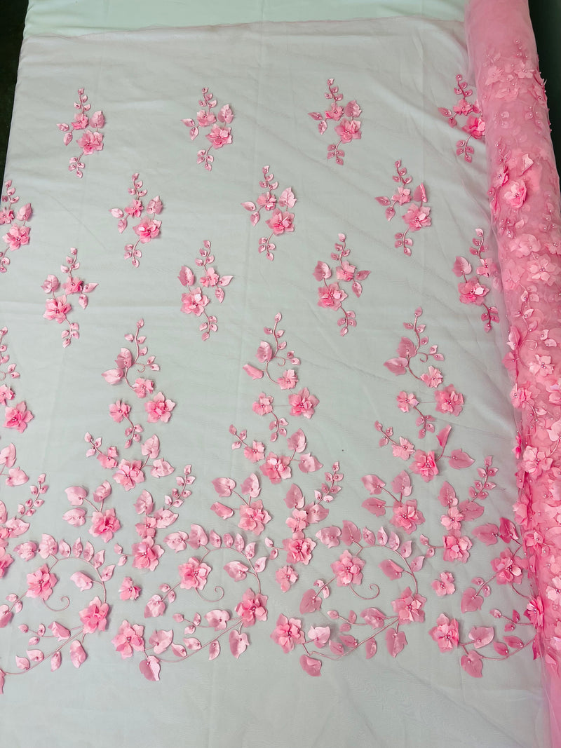 Roses 3D Fabric - Candy Pink - Embroidered Floral Fashion Design High Quality Fabric Sold by Yard