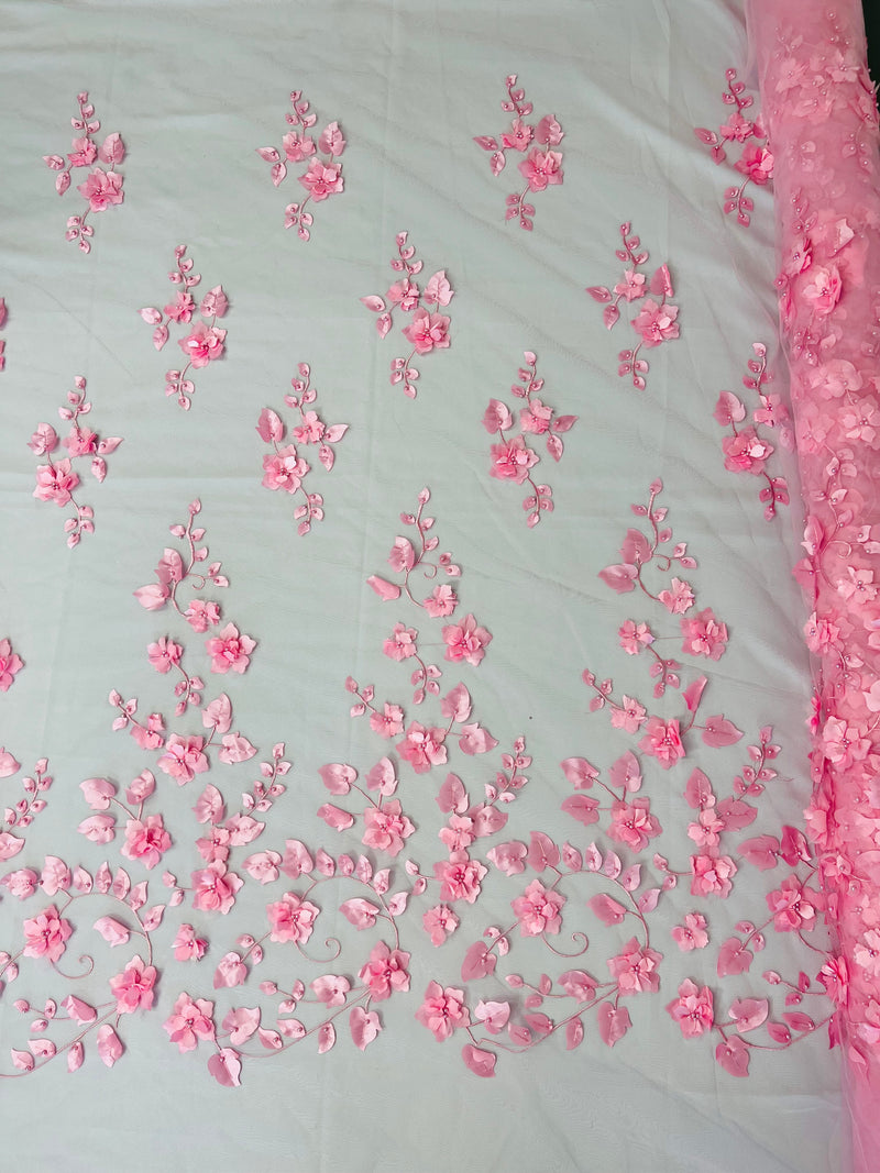 Roses 3D Fabric - Candy Pink - Embroidered Floral Fashion Design High Quality Fabric Sold by Yard