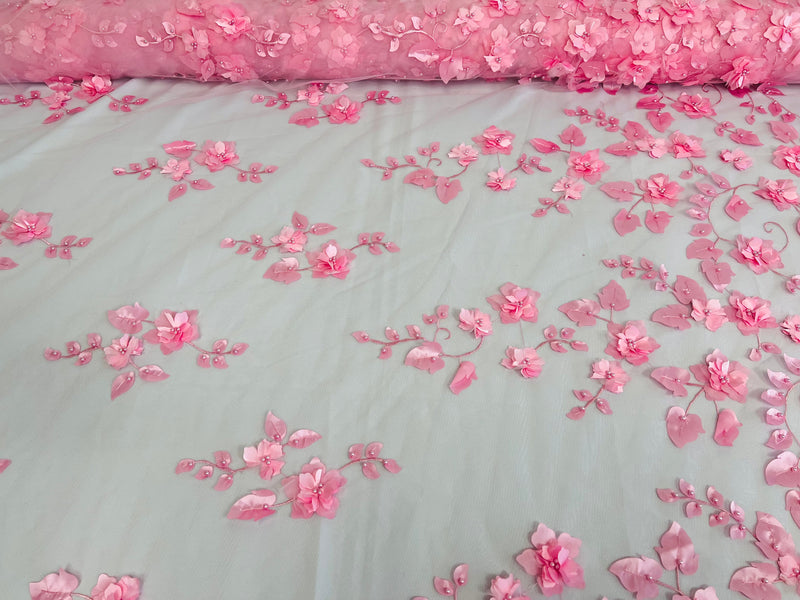 Roses 3D Fabric - Candy Pink - Embroidered Floral Fashion Design High Quality Fabric Sold by Yard