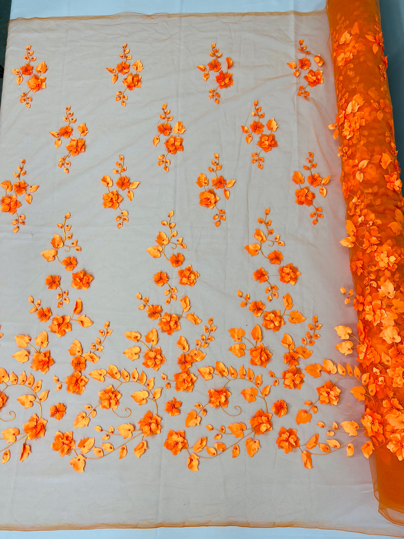 Roses 3D Fabric - Orange - Embroidered Floral Fashion Design High Quality Fabric Sold by Yard