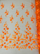 Roses 3D Fabric - Orange - Embroidered Floral Fashion Design High Quality Fabric Sold by Yard