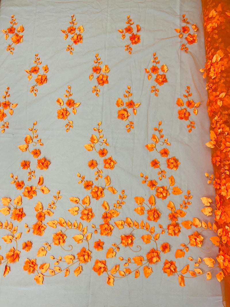 Roses 3D Fabric - Orange - Embroidered Floral Fashion Design High Quality Fabric Sold by Yard