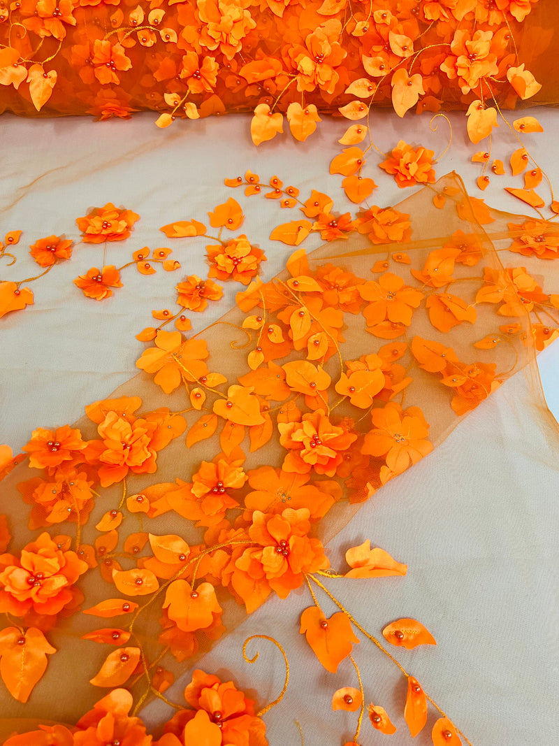 Roses 3D Fabric - Orange - Embroidered Floral Fashion Design High Quality Fabric Sold by Yard