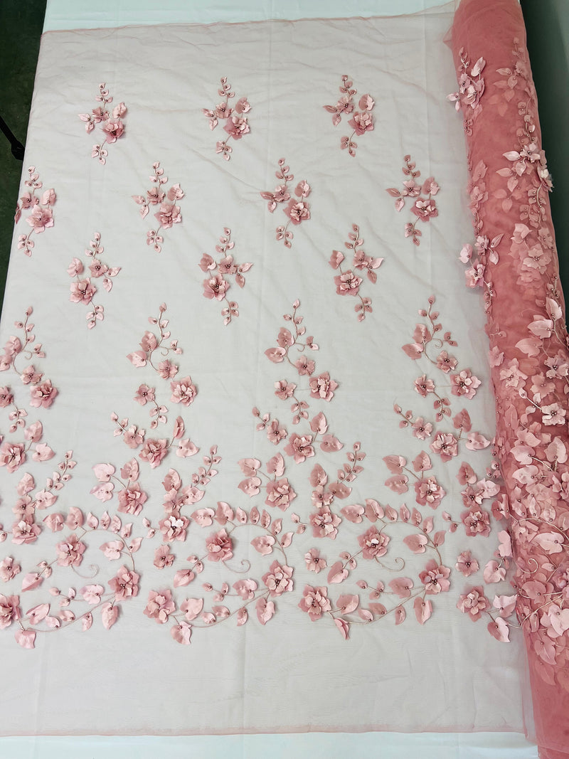 Roses 3D Fabric - Dusty Rose - Embroidered Floral Fashion Design High Quality Fabric Sold by Yard