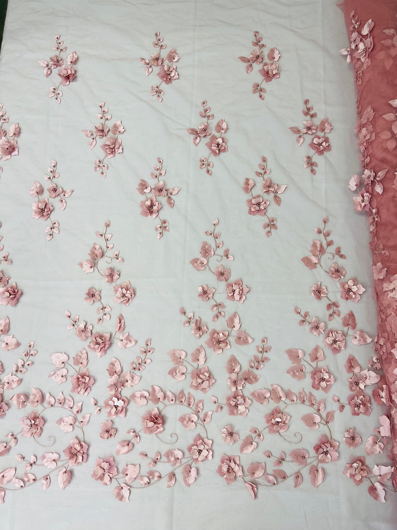 Roses 3D Fabric - Dusty Rose - Embroidered Floral Fashion Design High Quality Fabric Sold by Yard