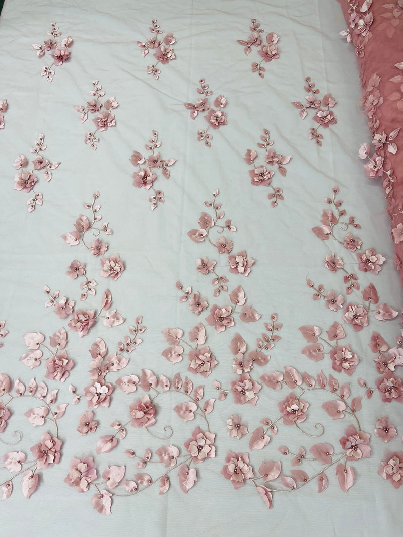 Roses 3D Fabric - Dusty Rose - Embroidered Floral Fashion Design High Quality Fabric Sold by Yard