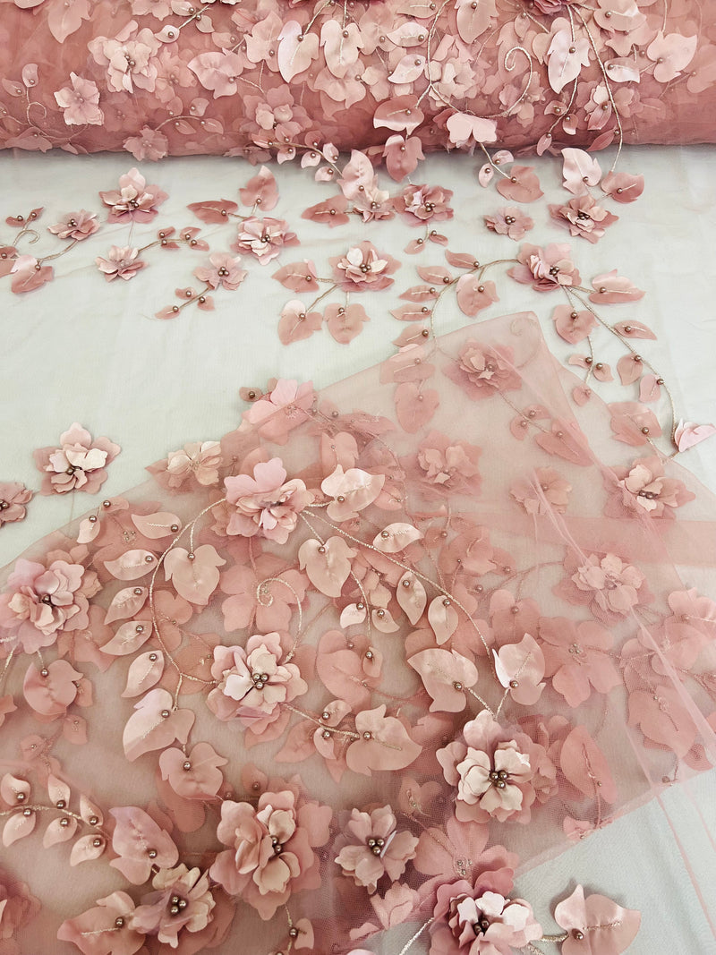 Roses 3D Fabric - Dusty Rose - Embroidered Floral Fashion Design High Quality Fabric Sold by Yard