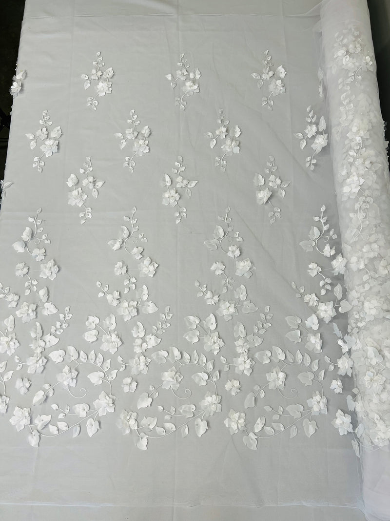 Roses 3D Fabric - White - Embroidered Floral Fashion Design High Quality Fabric Sold by Yard