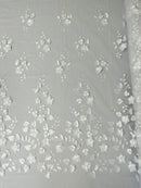 Roses 3D Fabric - White - Embroidered Floral Fashion Design High Quality Fabric Sold by Yard