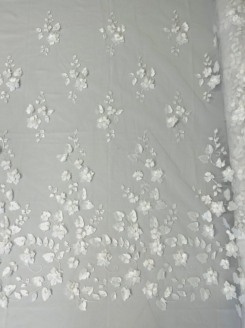 Roses 3D Fabric - White - Embroidered Floral Fashion Design High Quality Fabric Sold by Yard