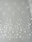 Roses 3D Fabric - White - Embroidered Floral Fashion Design High Quality Fabric Sold by Yard