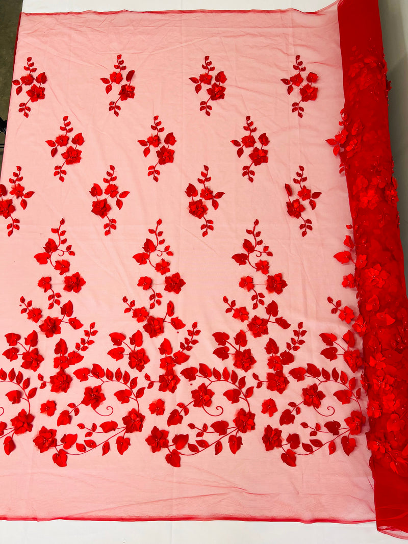 Roses 3D Fabric - Red - Embroidered Floral Fashion Design High Quality Fabric Sold by Yard