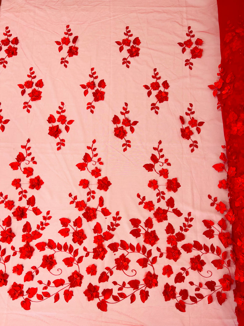 Roses 3D Fabric - Red - Embroidered Floral Fashion Design High Quality Fabric Sold by Yard