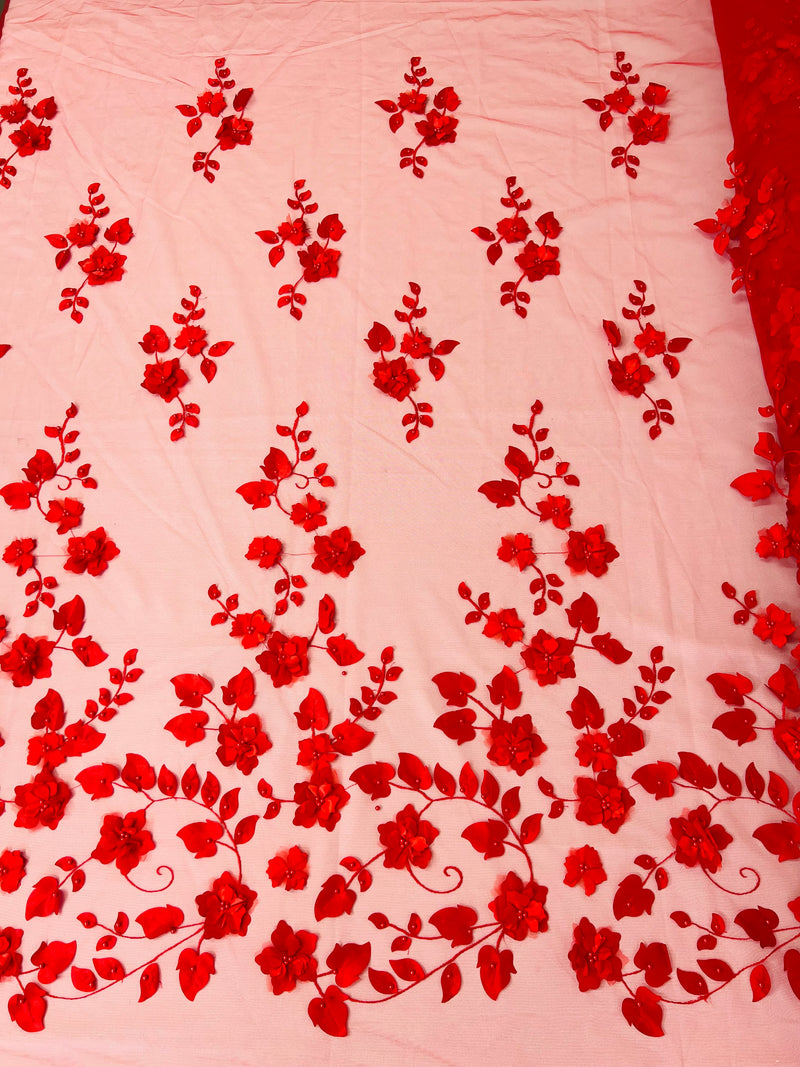 Roses 3D Fabric - Red - Embroidered Floral Fashion Design High Quality Fabric Sold by Yard