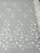 Roses 3D Fabric - Ivory - Embroidered Floral Fashion Design High Quality Fabric Sold by Yard