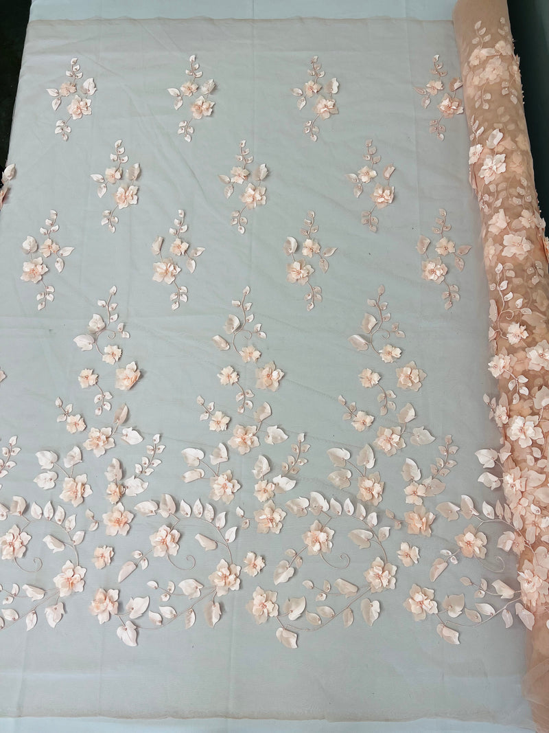 Roses 3D Fabric - Blush Peach - Embroidered Floral Fashion Design High Quality Fabric Sold by Yard