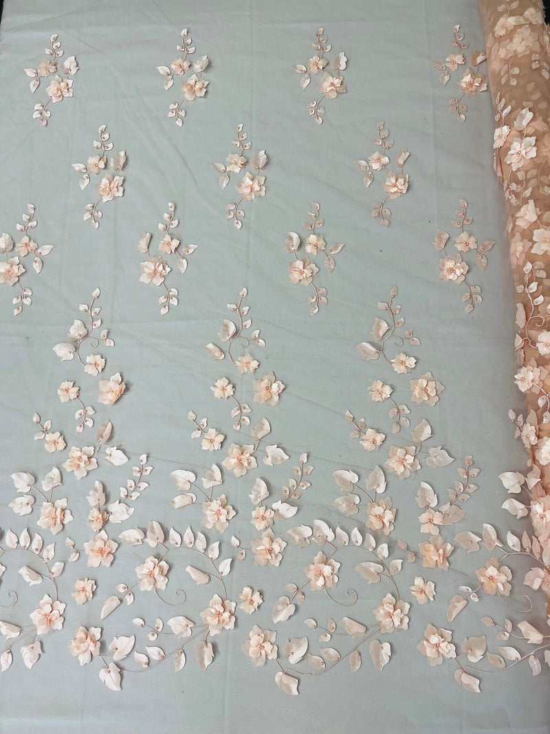 Roses 3D Fabric - Blush Peach - Embroidered Floral Fashion Design High Quality Fabric Sold by Yard