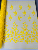 Roses 3D Fabric - Yellow - Embroidered Floral Fashion Design High Quality Fabric Sold by Yard