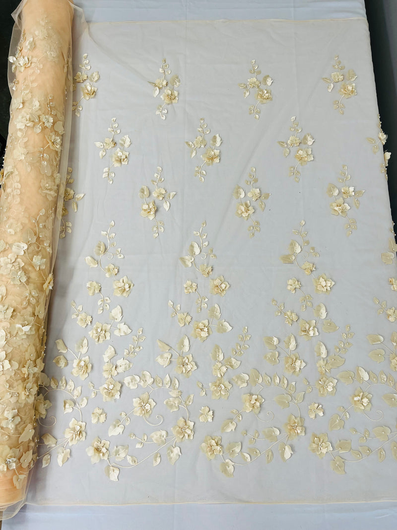 Roses 3D Fabric - Champagne  - Embroidered Floral Fashion Design High Quality Fabric Sold by Yard