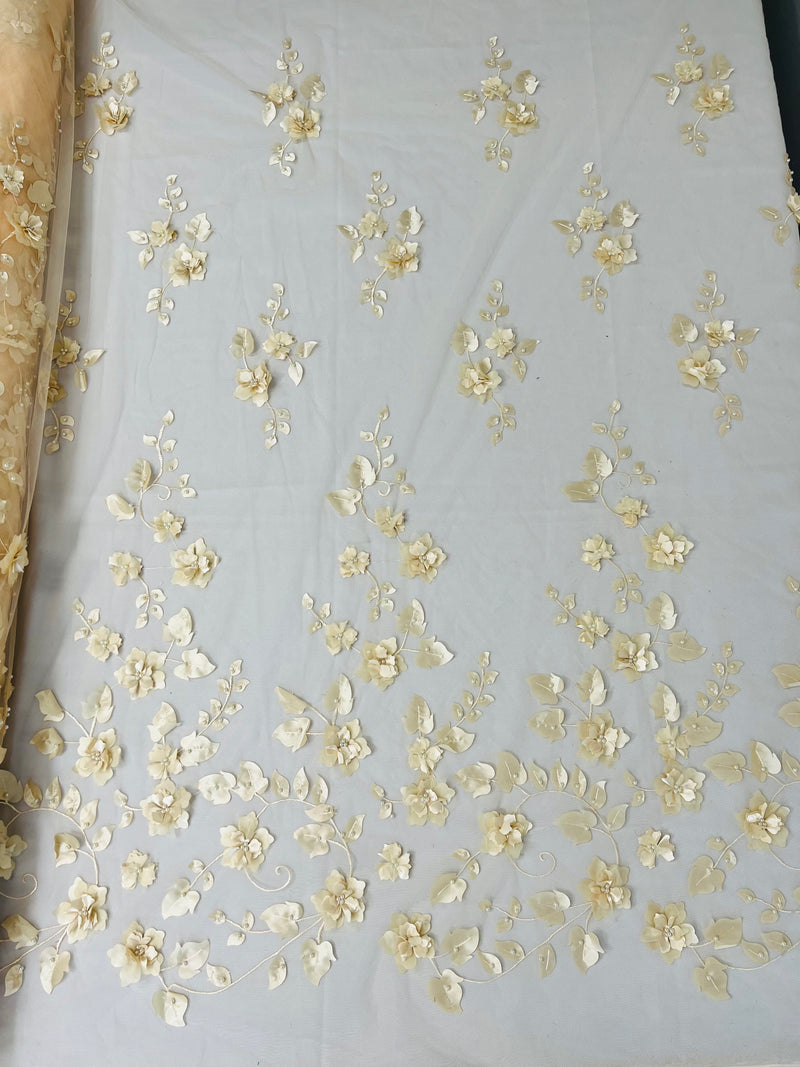 Roses 3D Fabric - Champagne  - Embroidered Floral Fashion Design High Quality Fabric Sold by Yard