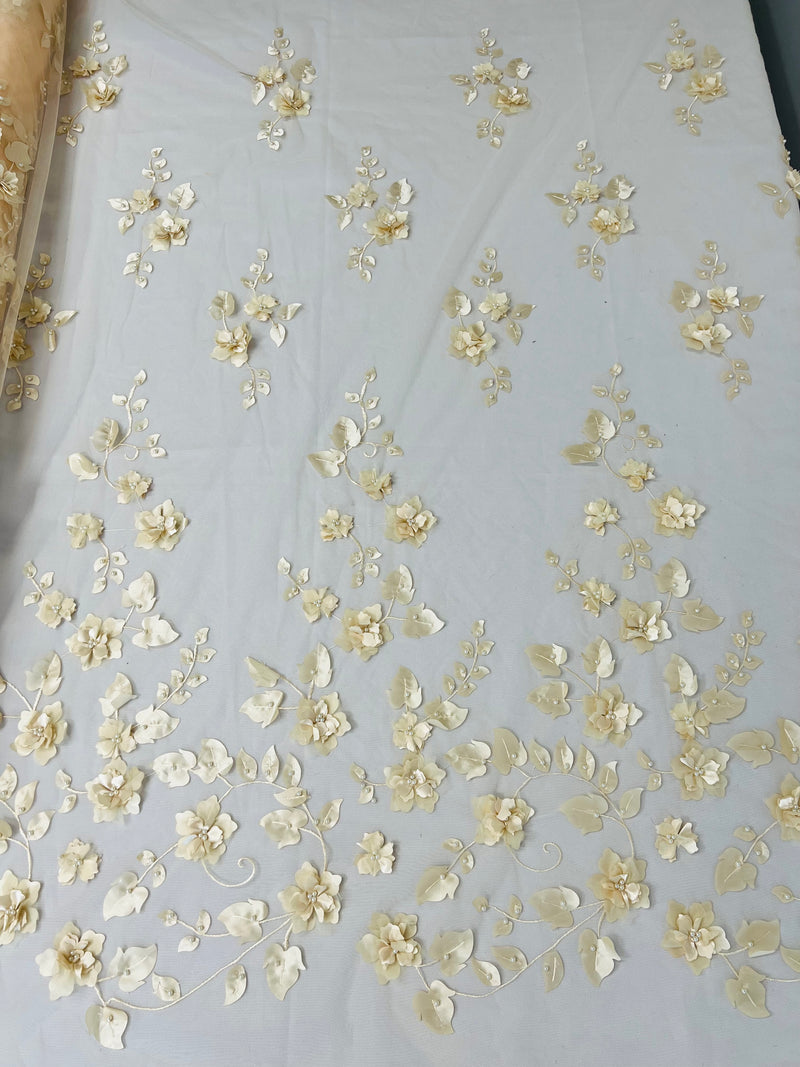 Roses 3D Fabric - Champagne  - Embroidered Floral Fashion Design High Quality Fabric Sold by Yard