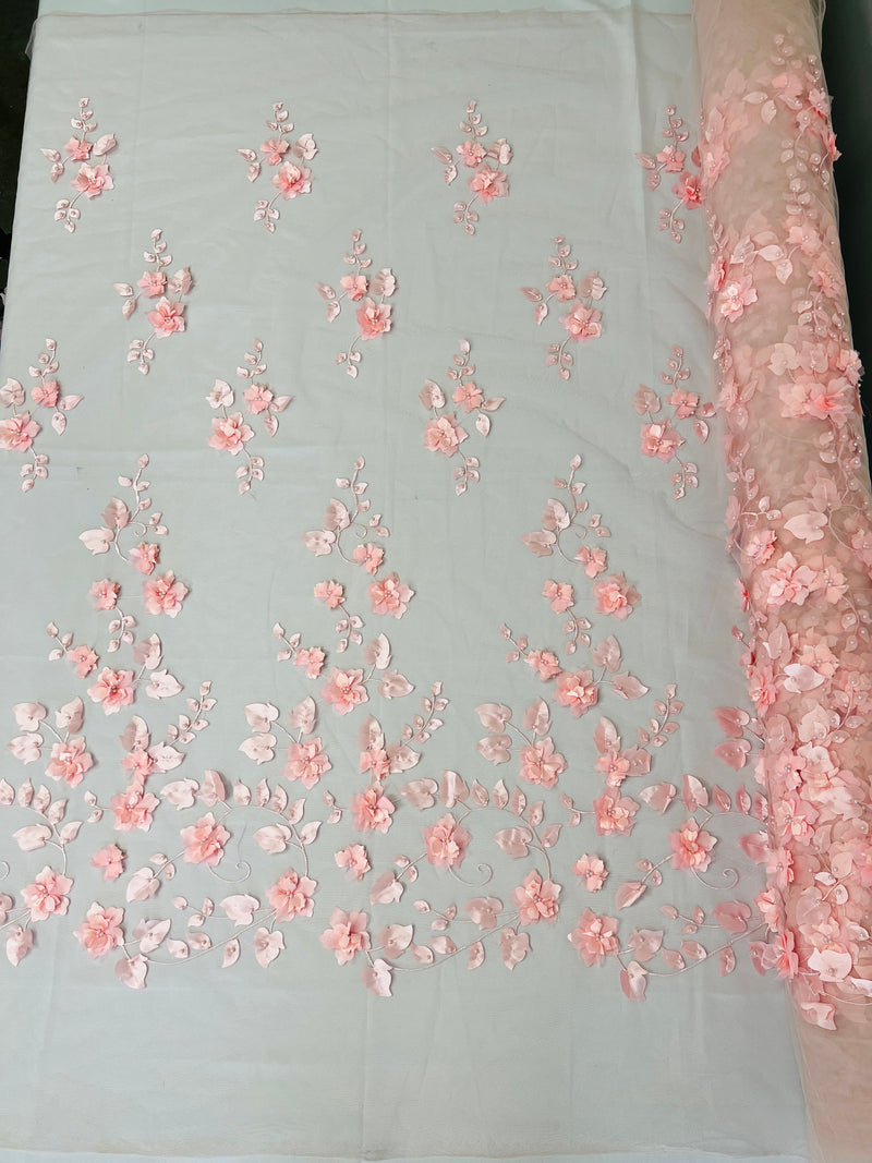 Roses 3D Fabric - Pink - Embroidered Floral Fashion Design High Quality Fabric Sold by Yard