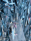 Sword Shaped Sequins - Silver - Hanging Iridescent Sequins On Mesh Fabric By Yard