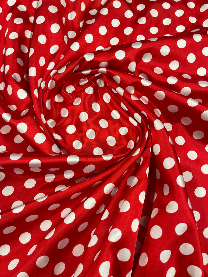 Polka Dot Satin Fabric - White on Red - 3/4" Inch Soft Silky Satin Polka Dot Fabric Sold By Yard