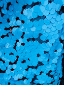 Circle Jumbo Paillette Sequins - Turquoise on Black - Big Circle Hanging Sequins Design Fabric By Yard