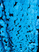 Circle Jumbo Paillette Sequins - Turquoise on Black - Big Circle Hanging Sequins Design Fabric By Yard
