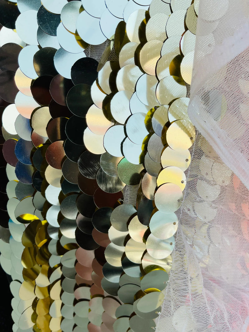 Circle Jumbo Paillette Sequins - Gold / Silver - Big Circle Hanging Sequins Design Fabric By Yard