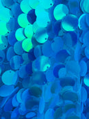 Circle Jumbo Paillette Sequins - Iridescent Turquoise - Big Circle Hanging Sequins Design Fabric By Yard