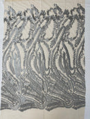 Leaf Pattern Fancy Fabric - Silver - Embroidered Pattern on Lace Mesh Sold By Yard