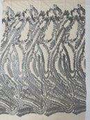 Leaf Pattern Fancy Fabric - Silver - Embroidered Pattern on Lace Mesh Sold By Yard