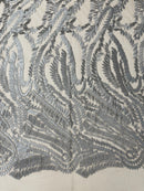 Leaf Pattern Fancy Fabric - Silver - Embroidered Pattern on Lace Mesh Sold By Yard