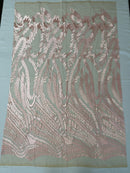 Leaf Pattern Fancy Fabric - Blush Pink - Embroidered Pattern on Lace Mesh Sold By Yard