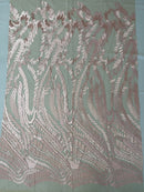 Leaf Pattern Fancy Fabric - Blush Pink - Embroidered Pattern on Lace Mesh Sold By Yard