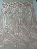 Leaf Pattern Fancy Fabric - Blush Pink - Embroidered Pattern on Lace Mesh Sold By Yard