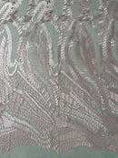 Leaf Pattern Fancy Fabric - Blush Pink - Embroidered Pattern on Lace Mesh Sold By Yard
