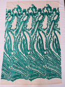 Leaf Pattern Fancy Fabric - Aqua Green - Embroidered Pattern on Lace Mesh Sold By Yard