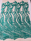 Leaf Pattern Fancy Fabric - Aqua Green - Embroidered Pattern on Lace Mesh Sold By Yard