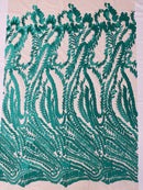 Leaf Pattern Fancy Fabric - Aqua Green - Embroidered Pattern on Lace Mesh Sold By Yard