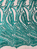 Leaf Pattern Fancy Fabric - Aqua Green - Embroidered Pattern on Lace Mesh Sold By Yard