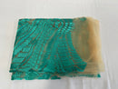 Leaf Pattern Fancy Fabric - Aqua Green - Embroidered Pattern on Lace Mesh Sold By Yard