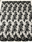 Fancy Border Flower Cluster Fabric - Black - Embroidered Floral Pattern on Lace Mesh By Yard