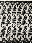 Fancy Border Flower Cluster Fabric - Black - Embroidered Floral Pattern on Lace Mesh By Yard