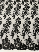 Fancy Border Flower Cluster Fabric - Black - Embroidered Floral Pattern on Lace Mesh By Yard