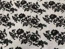 Fancy Border Flower Cluster Fabric - Black - Embroidered Floral Pattern on Lace Mesh By Yard