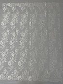 Fancy Border Flower Cluster Fabric - White - Embroidered Floral Pattern on Lace Mesh By Yard