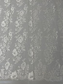 Fancy Border Flower Cluster Fabric - White - Embroidered Floral Pattern on Lace Mesh By Yard